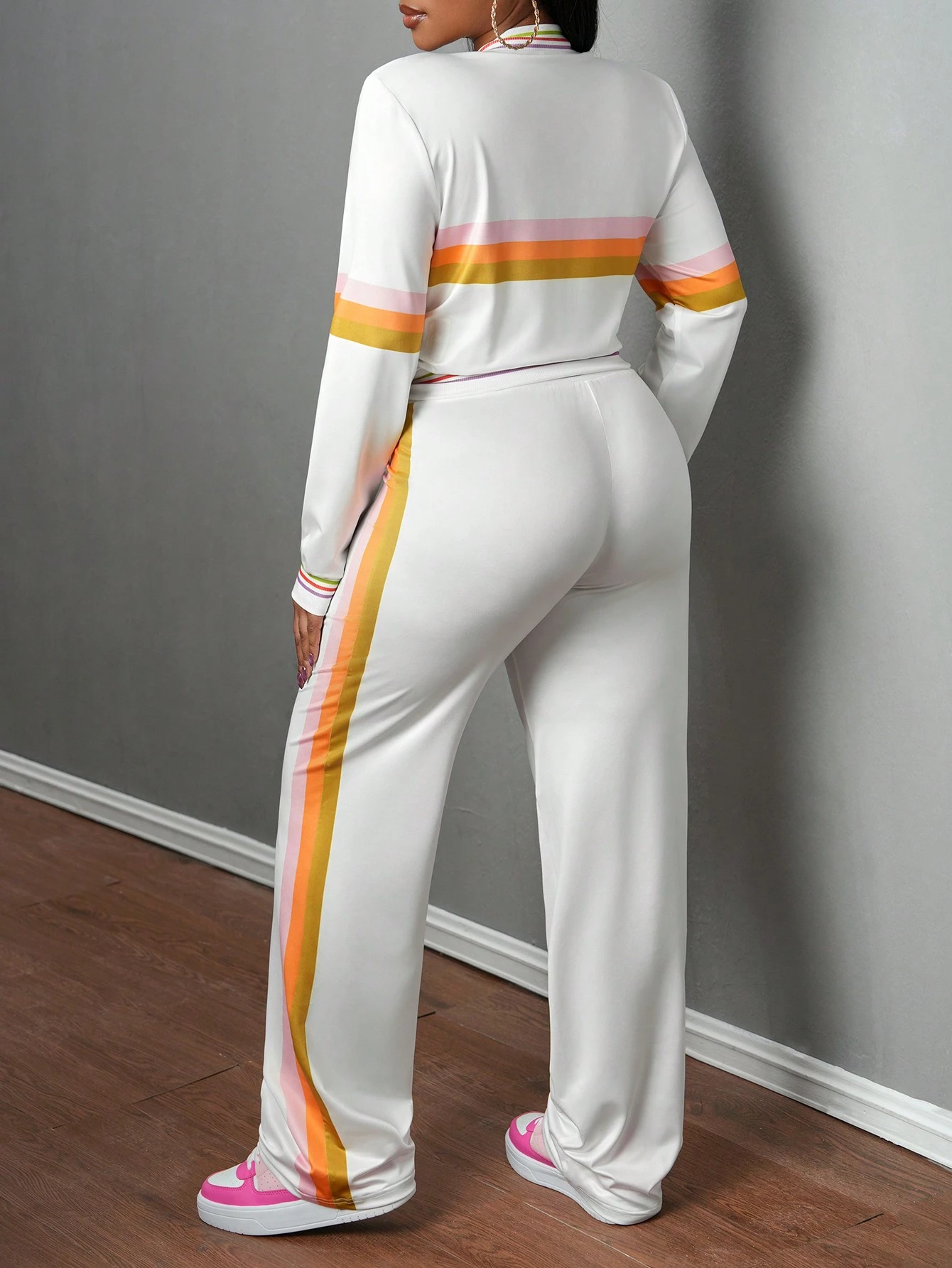 SHEIN Slaydiva Women Autumn/Winter Striped Long Sleeve Zip Collar Baseball