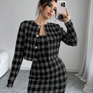 SHEIN Firerie Women 2pcs Set: Plaid Print Fitted Cami Midi Dress & Jacket