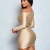 SHEIN SOLERSUN Elegant Asymmetrical Neck Long Sleeve Ruched Bodycon Mini Dress