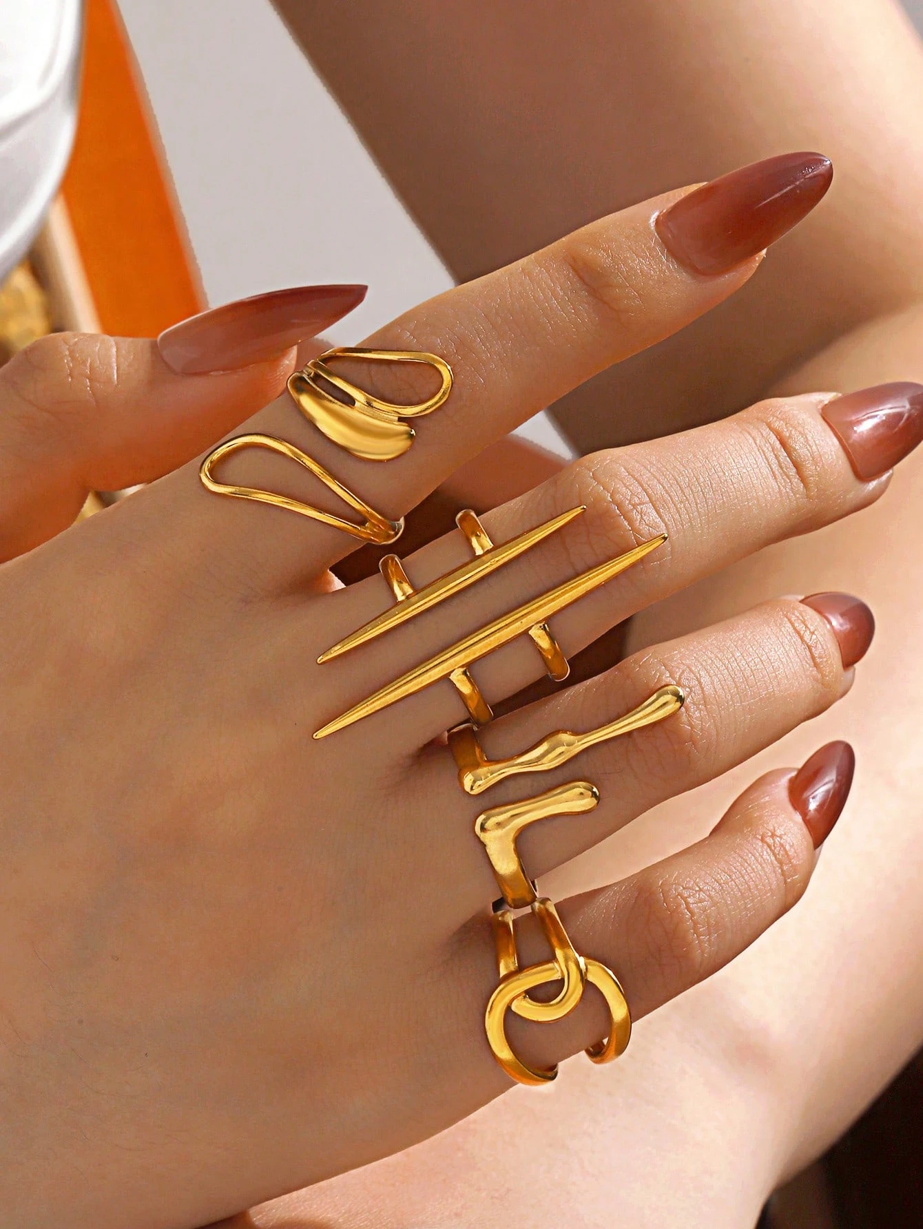 SHEIN Stainless Steel Minimalist 18K Gold Plated Geometric Line Design Open Rings