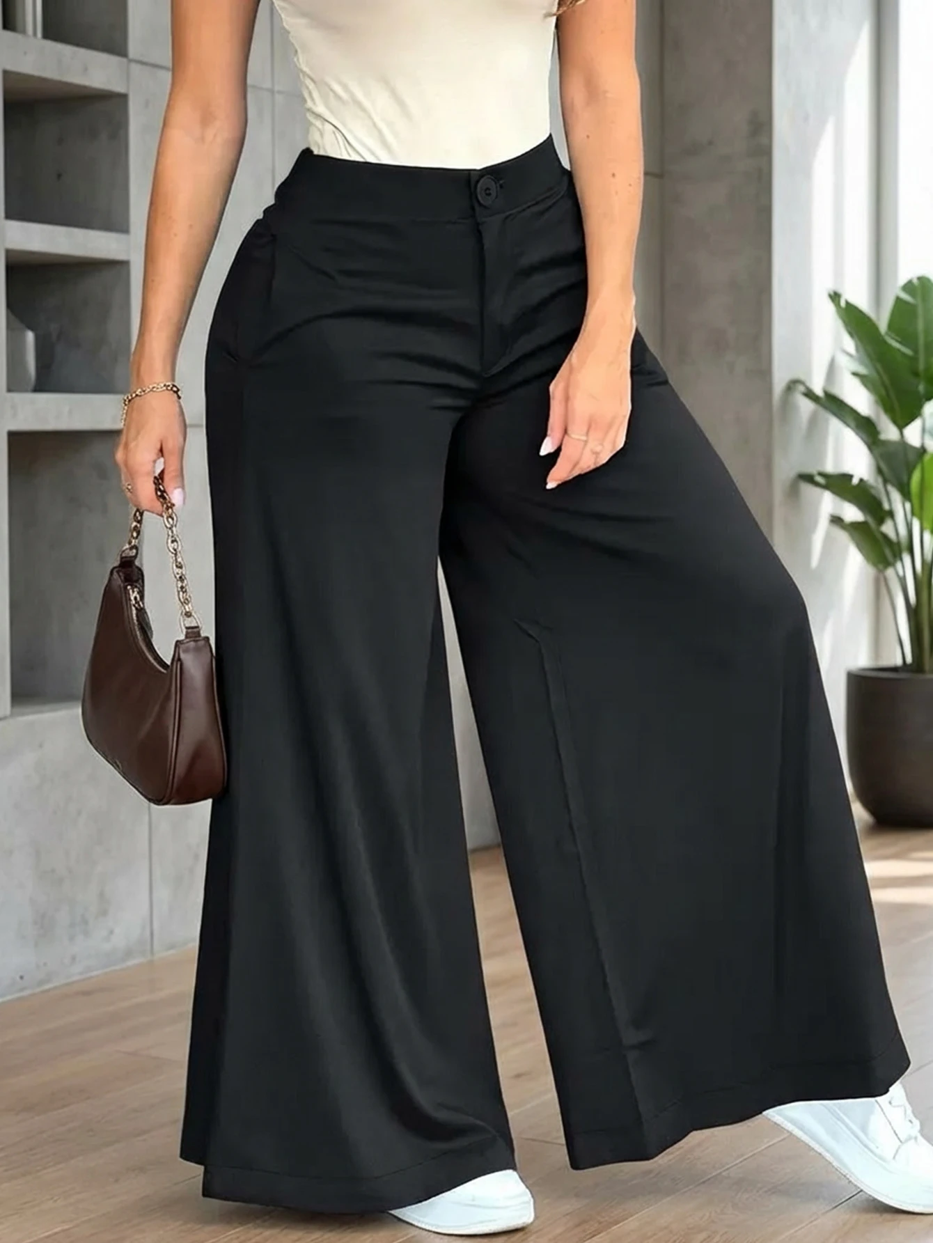 SHEIN Fashionable Solid Color Casual Loose Wide-Leg Pants