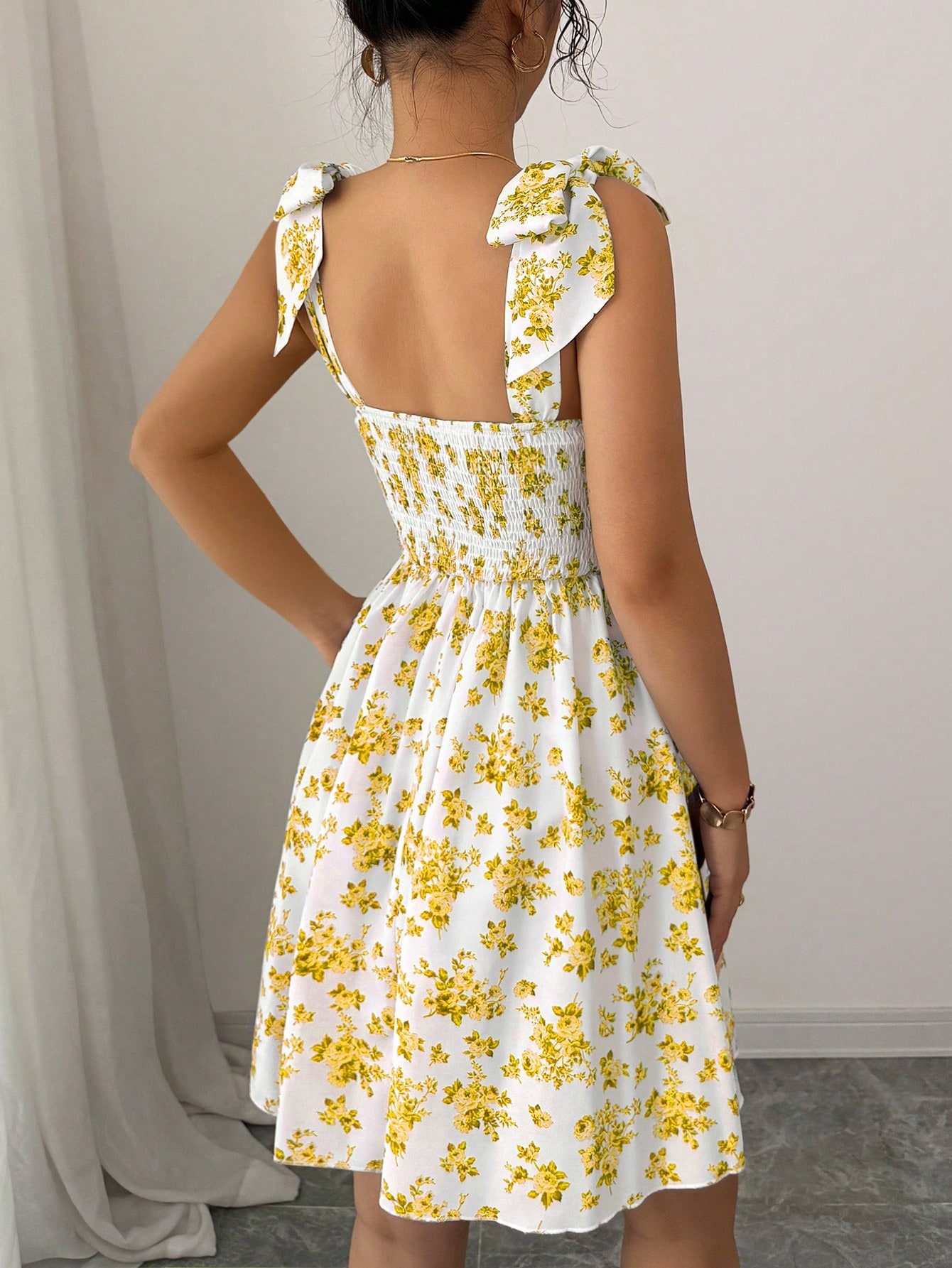 SHEIN Selianne New Ditsy Floral Shoulder Tie Cinched Waist A-Line Dress