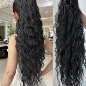 ZURO 26 Inch Long Black Wavy Synthetic Fiber Claw Ponytail Hair Extensions