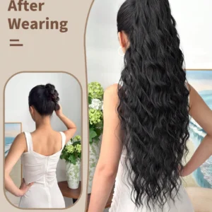 ZURO 26 Inch Long Black Wavy Synthetic Fiber Claw Ponytail Hair Extensions