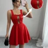SHEIN Elenzga Summer Vacation Casual Square Neck Red Bowknot Waist A-Line Short Dress