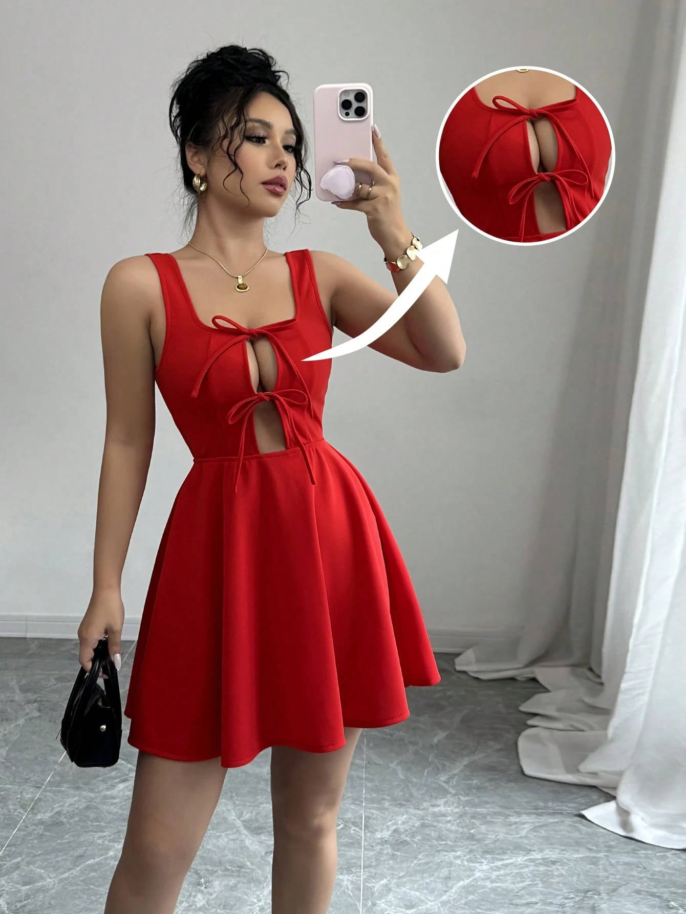 SHEIN Elenzga Summer Vacation Casual Square Neck Red Bowknot Waist A-Line Short Dress