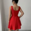 SHEIN Elenzga Summer Vacation Casual Square Neck Red Bowknot Waist A-Line Short Dress