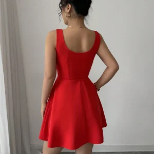 SHEIN Elenzga Summer Vacation Casual Square Neck Red Bowknot Waist A-Line Short Dress