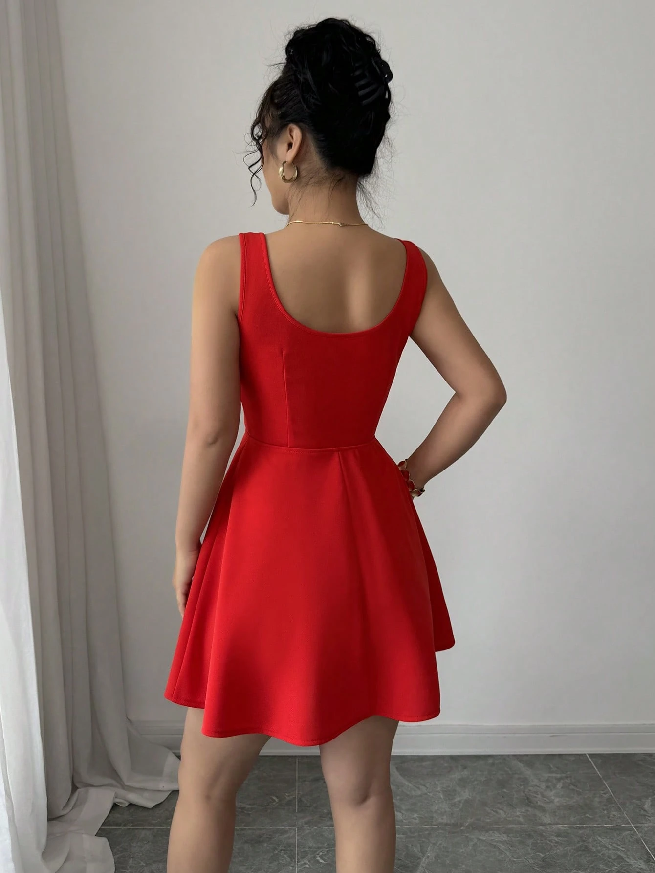 SHEIN Elenzga Summer Vacation Casual Square Neck Red Bowknot Waist A-Line Short Dress