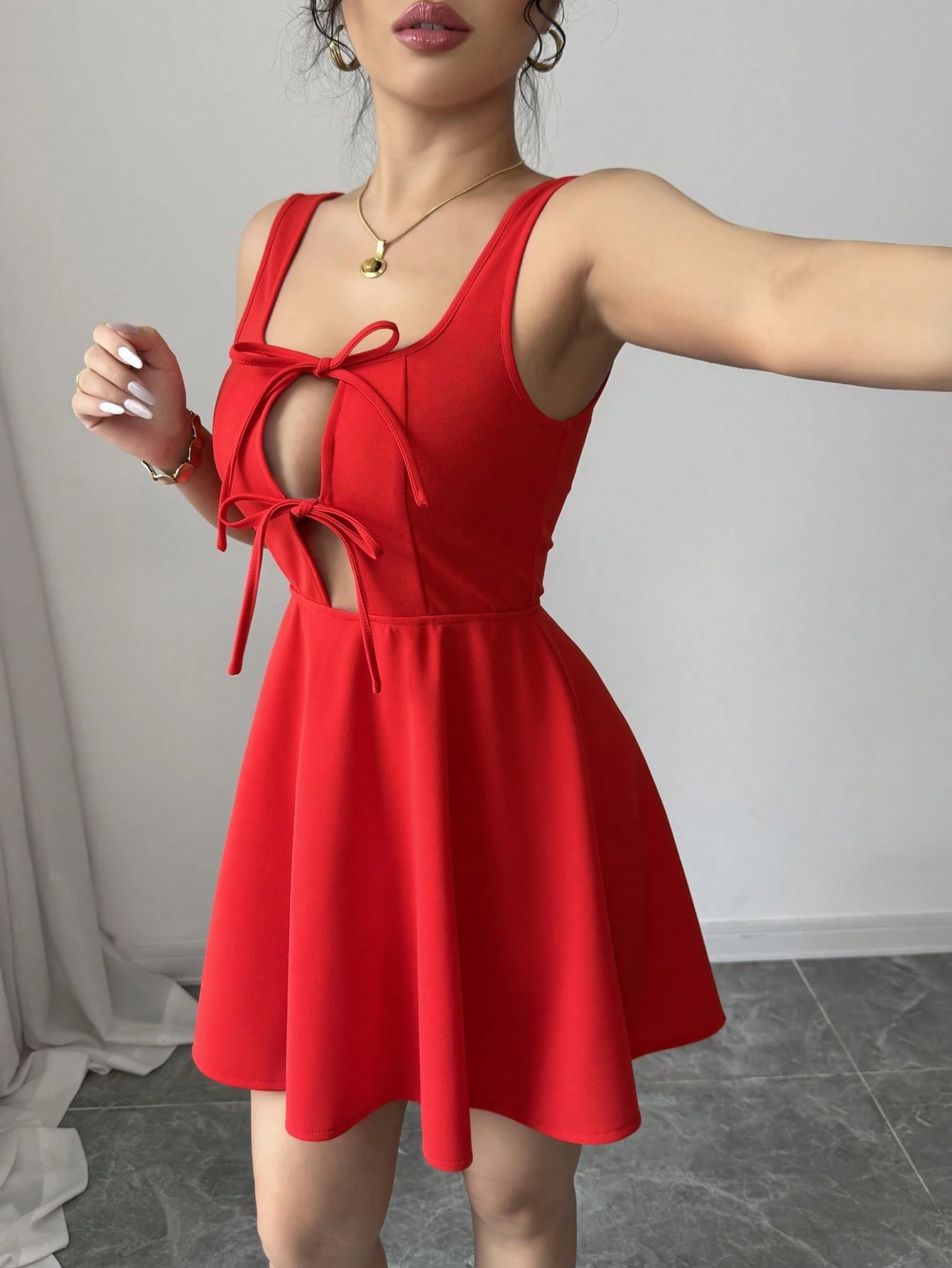 SHEIN Elenzga Summer Vacation Casual Square Neck Red Bowknot Waist A-Line Short Dress