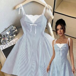 SHEIN Elenzya Women's Summer Elegant Blue And White Stripe Picnic Dress