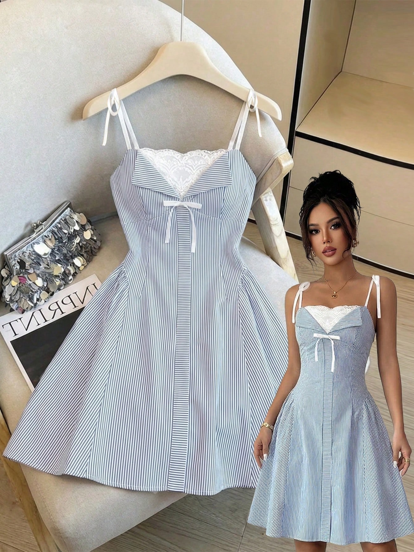 SHEIN Elenzya Women's Summer Elegant Blue And White Stripe Picnic Dress