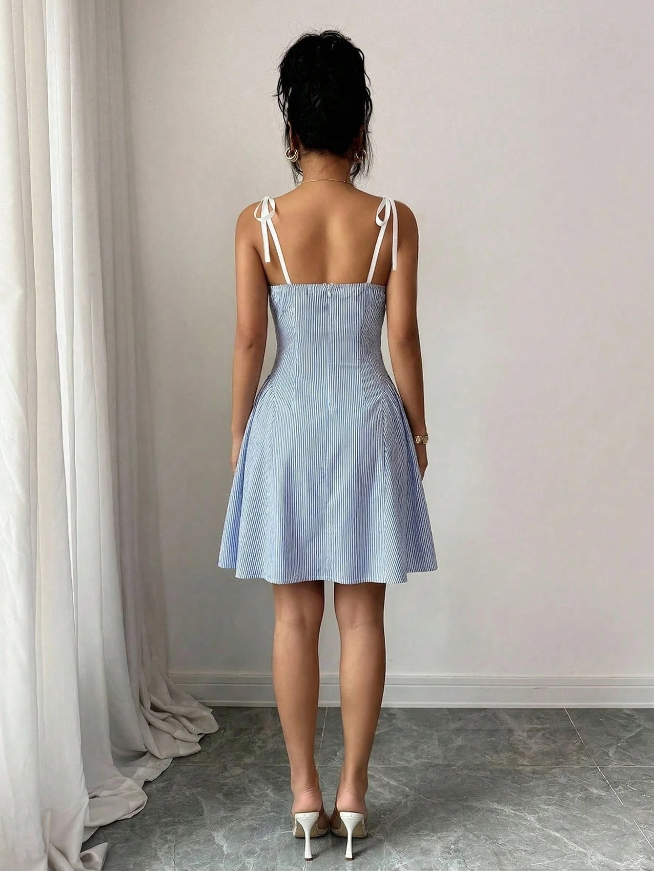 SHEIN Elenzya Women's Summer Elegant Blue And White Stripe Picnic Dress