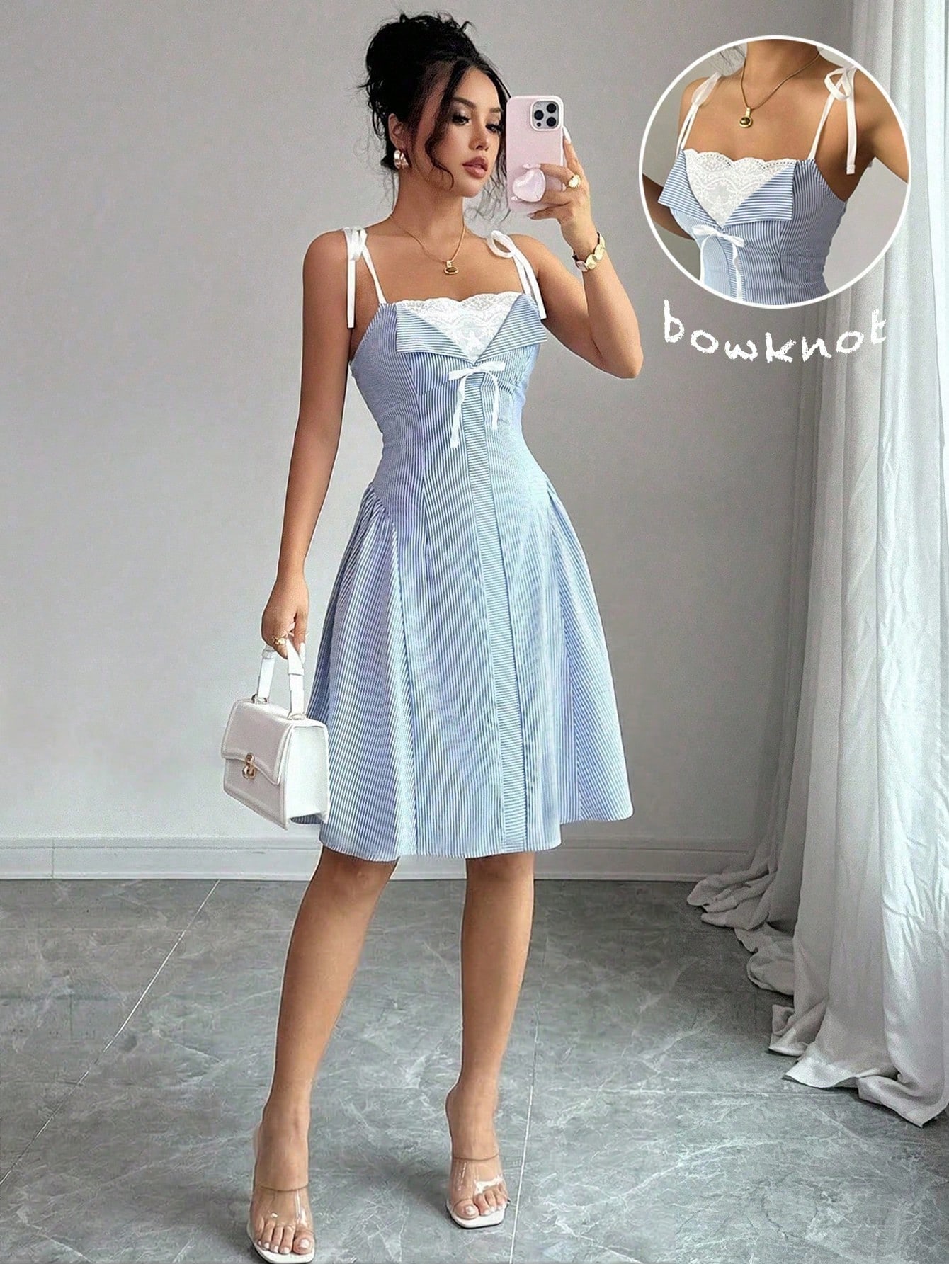 SHEIN Elenzya Women's Summer Elegant Blue And White Stripe Picnic Dress