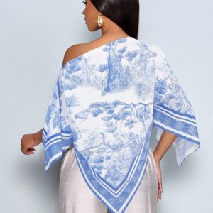SHEIN SOLERSUN Women's White And Blue Summer Elegant Tea