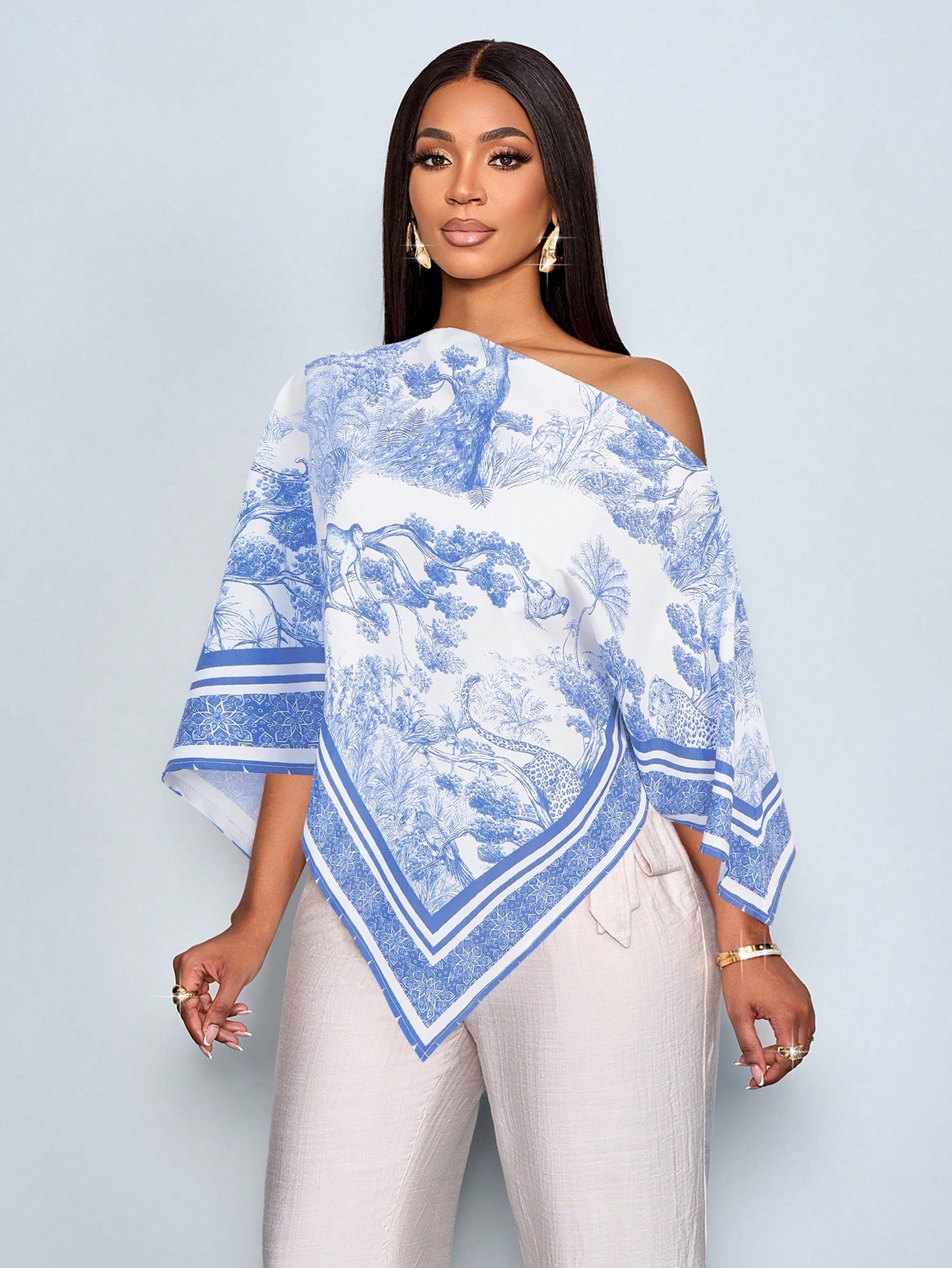 SHEIN SOLERSUN Women's White And Blue Summer Elegant Tea