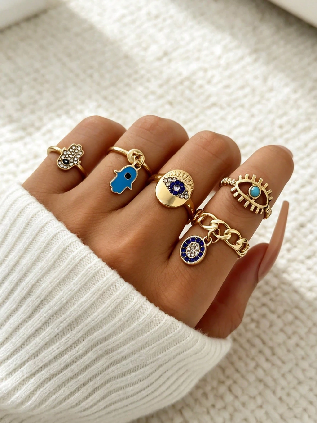 SHEIN 5pcs Handmade Enamel Rhinestone Blue Evil