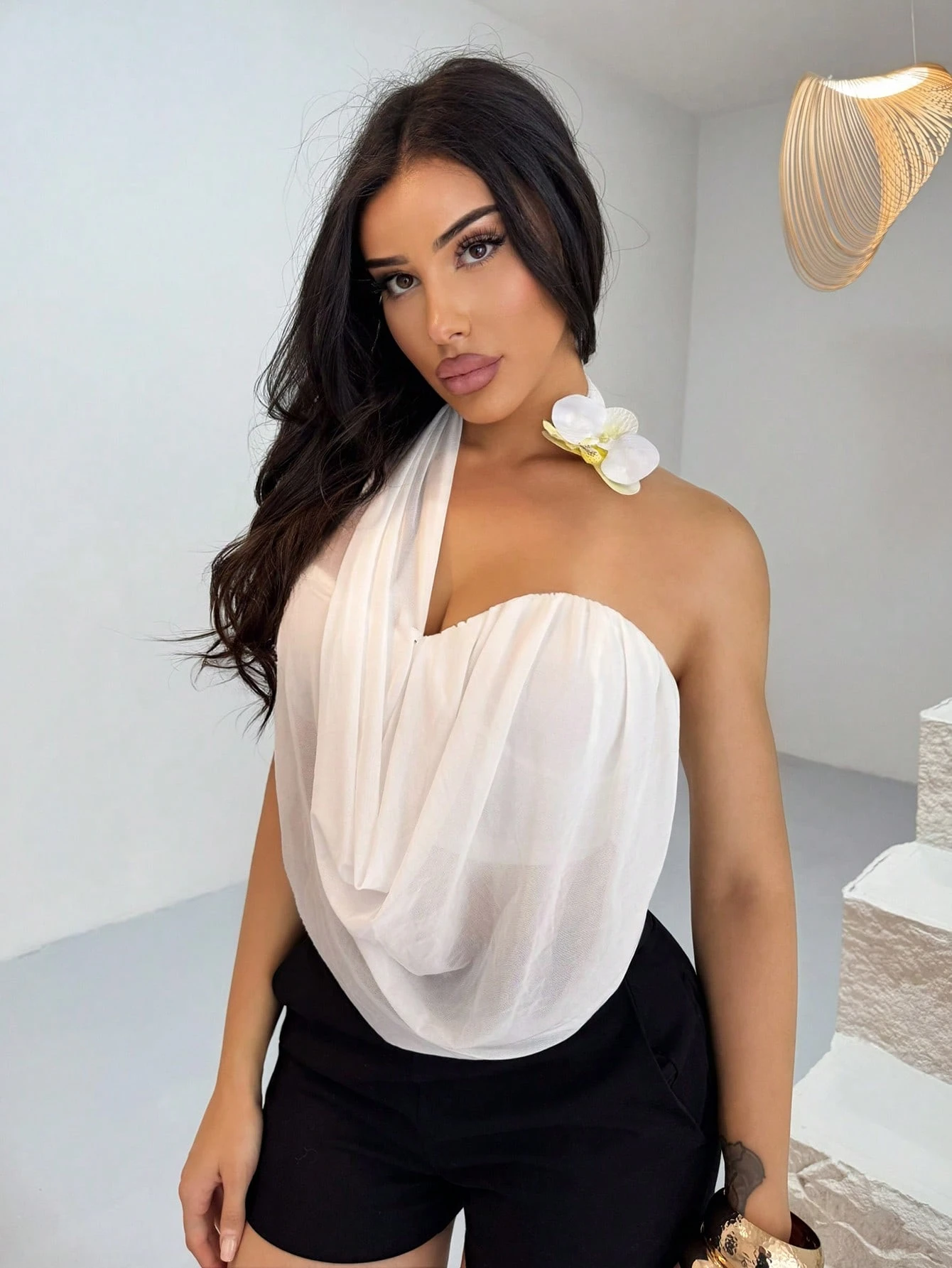 SHEIN Shopreo Asymmetrical Sheer Mesh Faux Flower Blouse