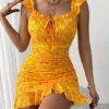 SHEIN Allurite Floral Print Ruffle Hem Tie Front Off Shoulder Elegant Dress