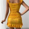 SHEIN Allurite Floral Print Ruffle Hem Tie Front Off Shoulder Elegant Dress