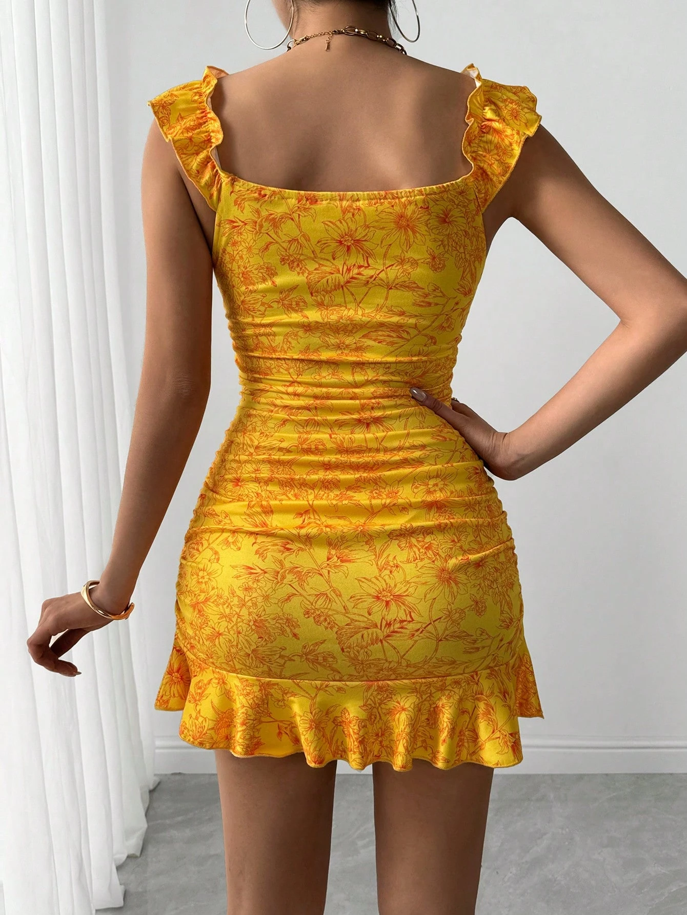 SHEIN Allurite Floral Print Ruffle Hem Tie Front Off Shoulder Elegant Dress