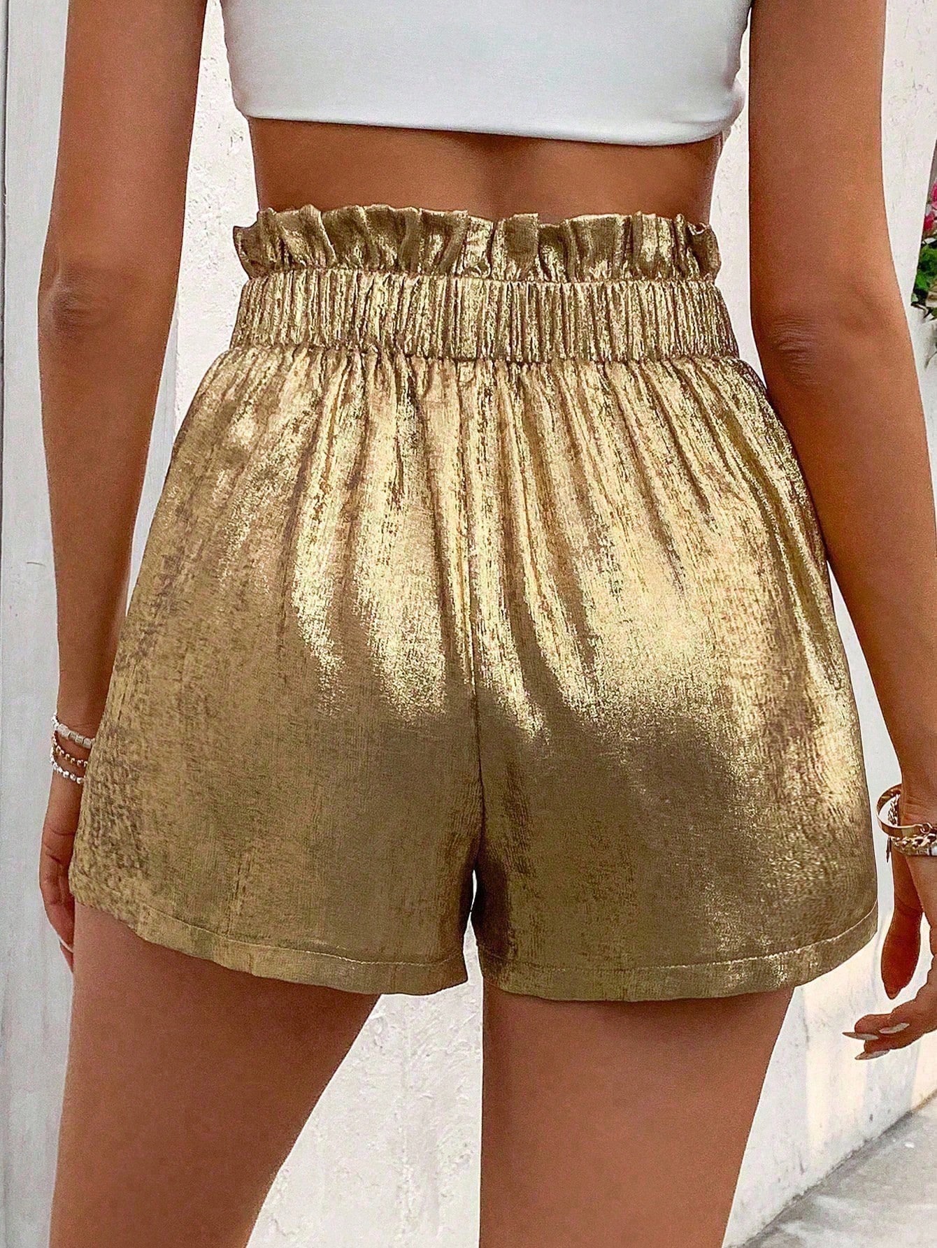 SHEIN GlowEve Women's Metallic Fabric Paper Bag Waist Shorts