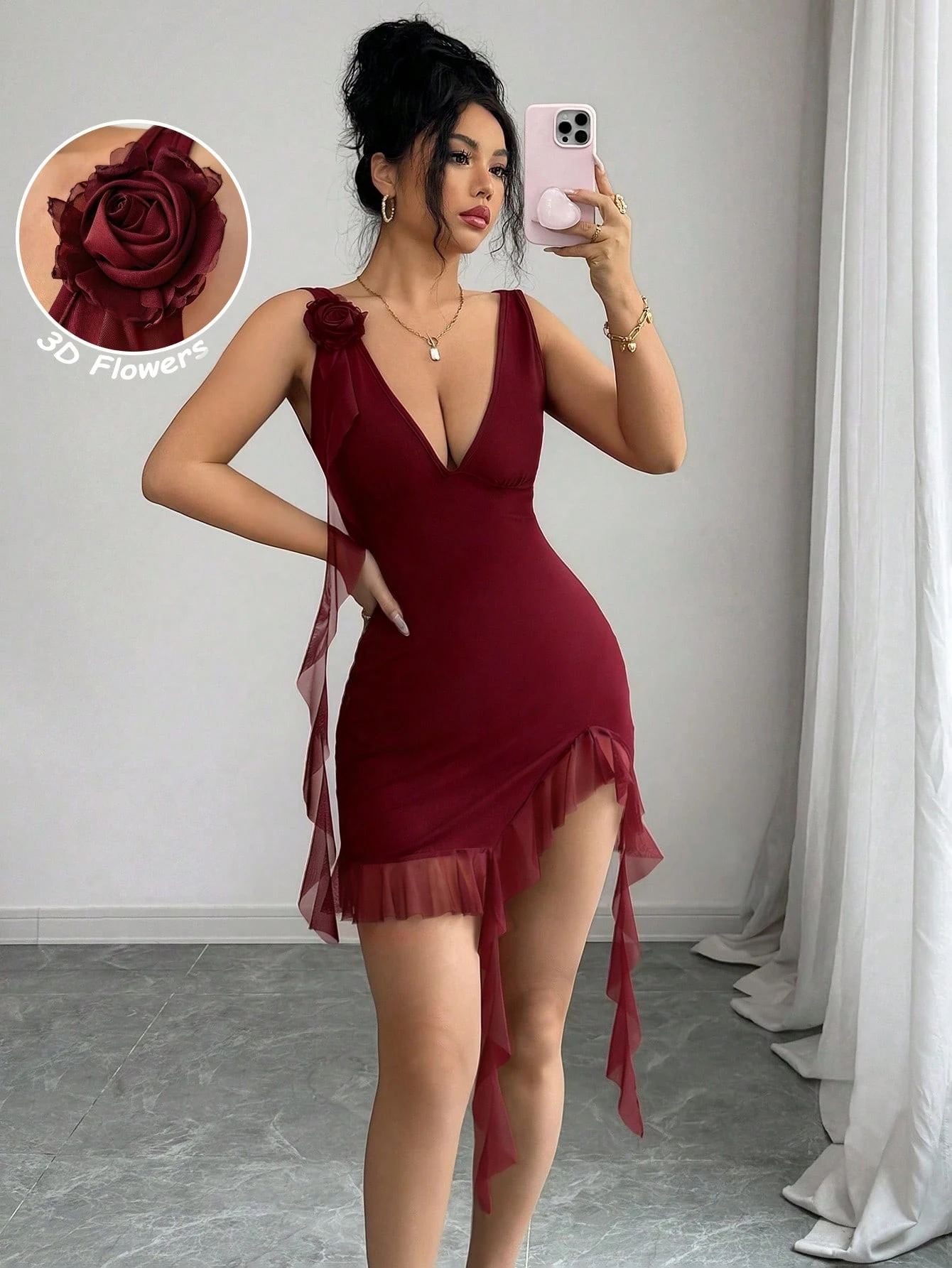 SHEIN Rafferiza Burgundy Deep V Mini Dress