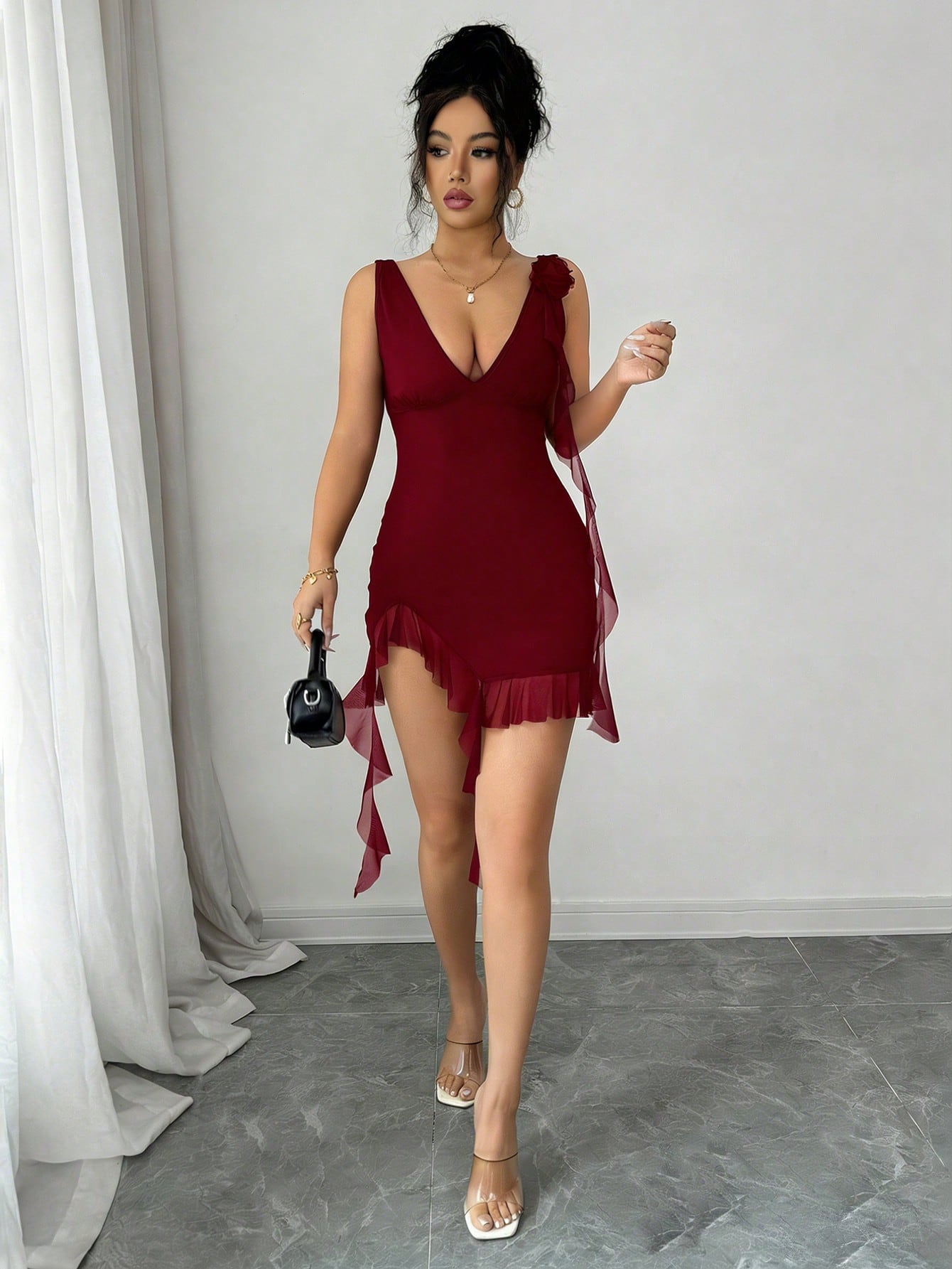 SHEIN Rafferiza Burgundy Deep V Mini Dress