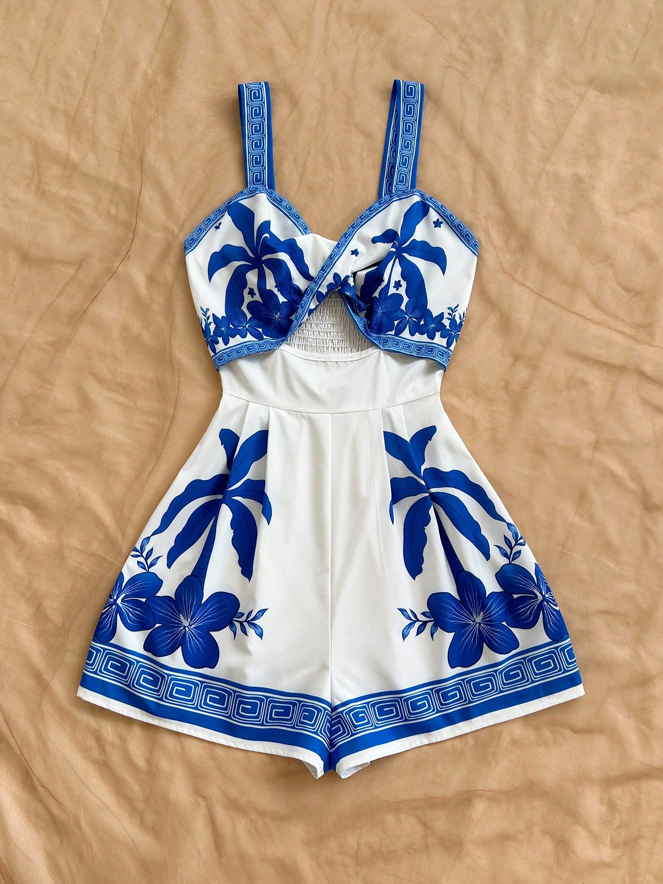 SHEIN Soleia Women's Vacation Palm Tree Print Cutout Waist Jumpsuit